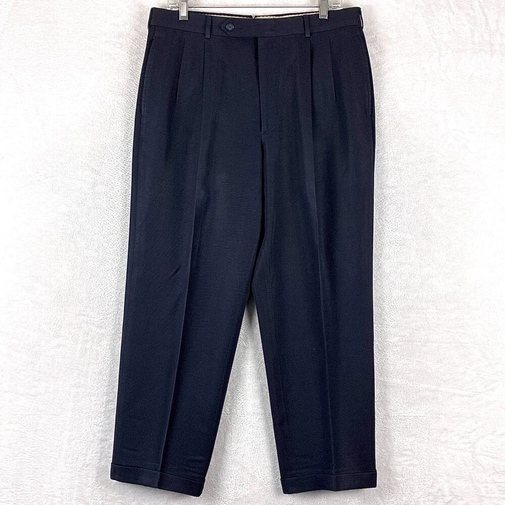 VTG Corbin Pants Mens 34x29 Navy Pleated Gabardine Preppy 80s Union Made USA